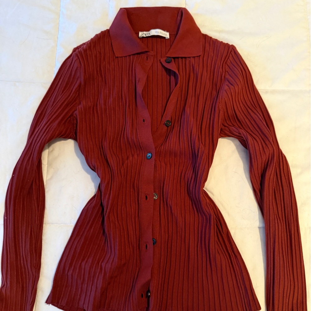 Zara Burnt Red Ribbed Collared Sweater